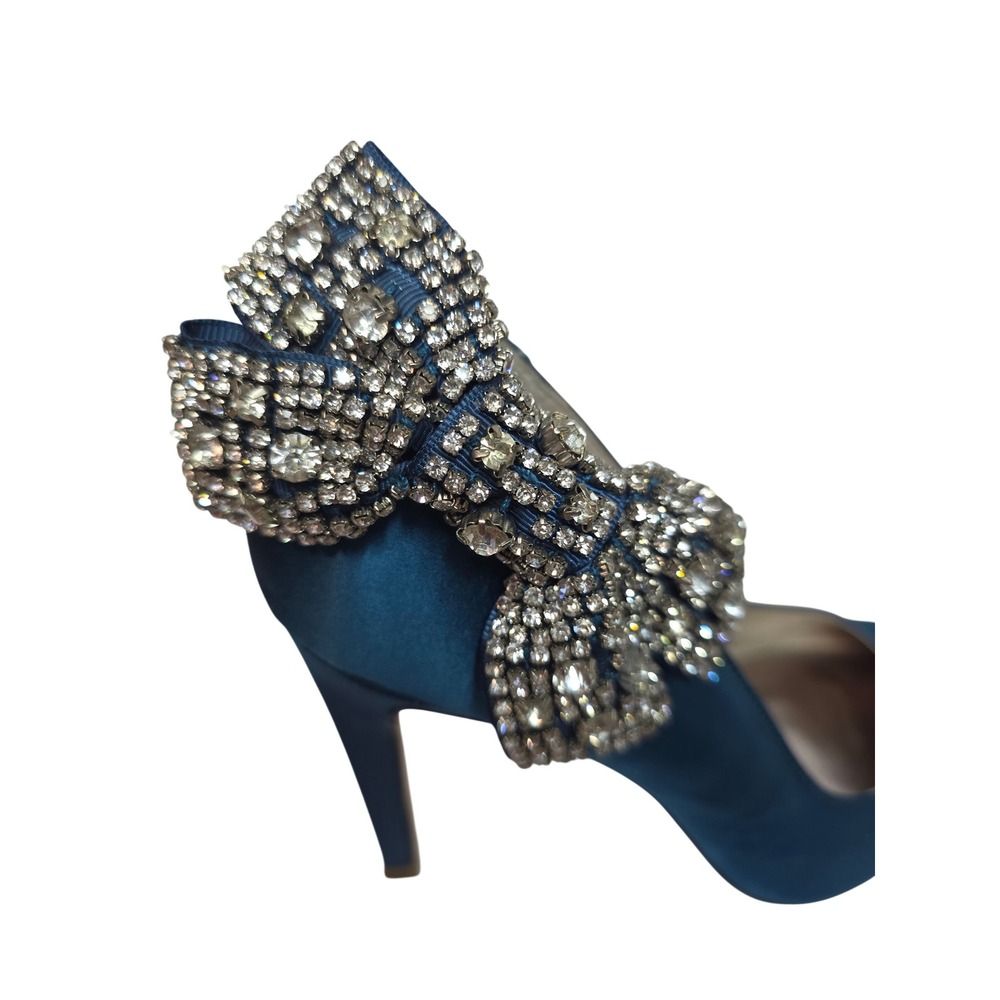 ABS Allen Schwartz Teal Blue Satin Rhinestone Bow Pumps‎ Stiletto Heels Size 8.5